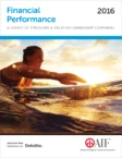 Cover of "Financial Performance 2016" with a woman surfing at sunset. Published by AIF and Deloitte.