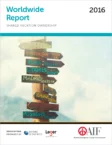 Cover of the "Worldwide Report 2016" on shared vacation ownership. Features a signpost with distances to various cities and logos of Oxford Economics, Leger, and AIF.