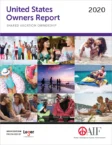 A collage of vacation images, including people skiing, dining, relaxing on the beach, horseback riding, and jet skiing. Cover of the 2020 United States Shared Vacation Ownership report.