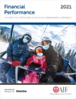 Three people wearing winter clothing and masks ride a ski lift with snow-covered trees in the background. Cover design for "Financial Performance 2021.