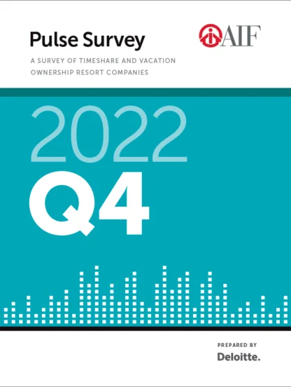 Cover of the "2022 Q4 Pulse Survey" for timeshare and vacation resort companies by AIF and Deloitte, featuring a teal background with a white graph pattern.