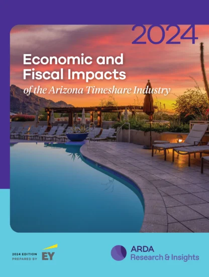 Cover image of the 2024 report on economic and fiscal impacts of the Arizona timeshare industry, showing a poolside view during sunset.