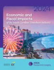 Cover of a report on the economic and fiscal impacts of the South Carolina timeshare industry, featuring a coastal cityscape with a Ferris wheel and high-rise buildings at sunset.