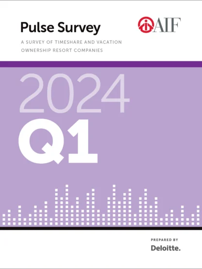Cover of the 2024 Q1 Pulse Survey report by AIF and Deloitte, focusing on timeshare and vacation ownership resort companies.