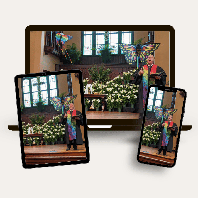 Asbury Memorial Church worship service shown on a television, tablet, and phone