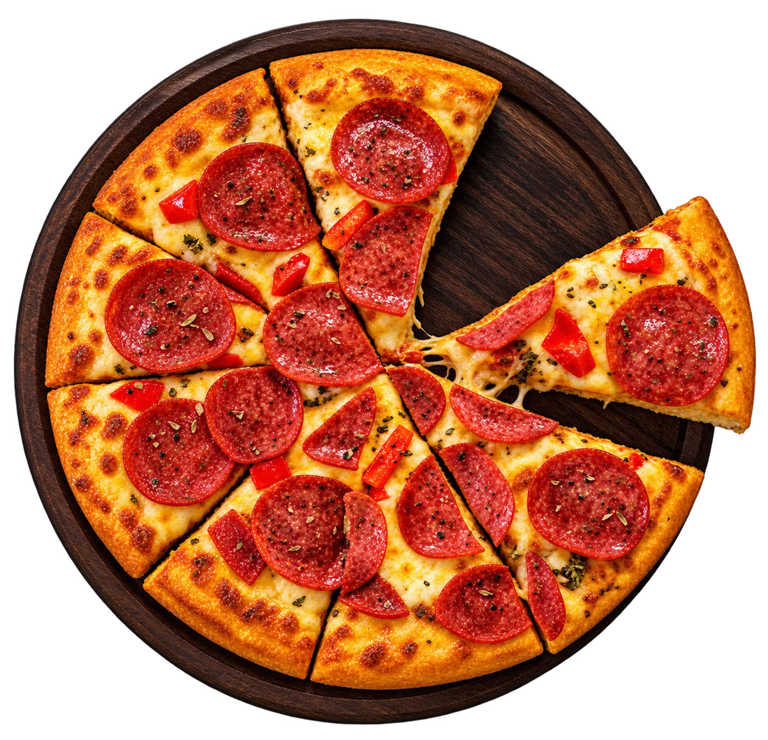 Whole pepperoni pizza with a slice pulled out