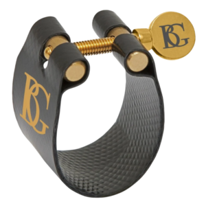 image of bg flex soprano saxophone ligature. Black and gold