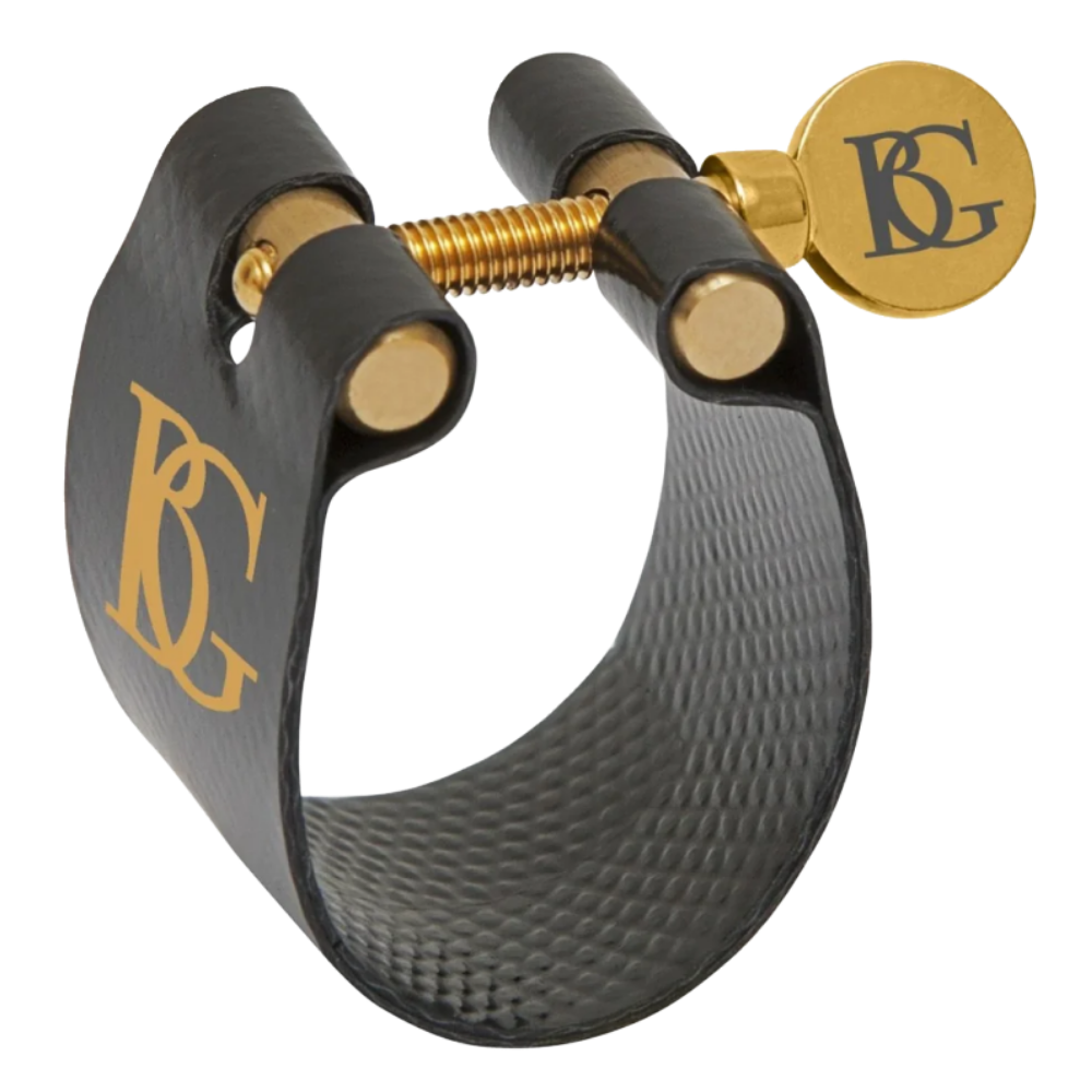 image of bg flex soprano saxophone ligature. Black and gold